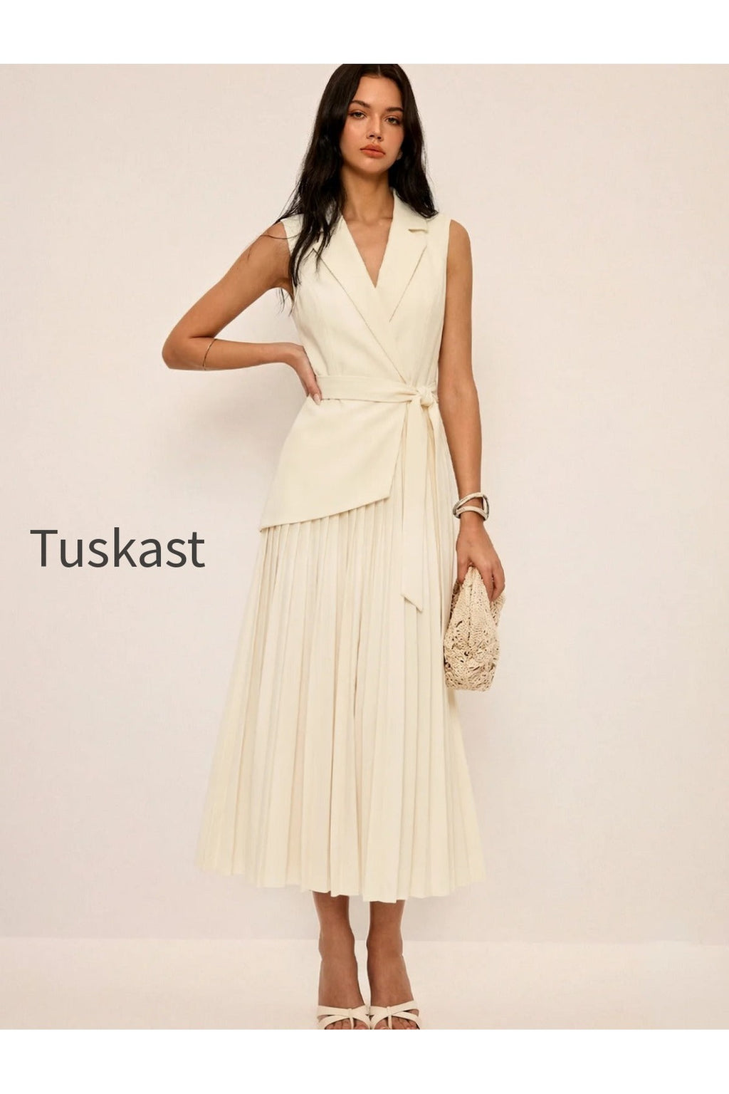 Sleeveless Belted Pleated Blazer Dress