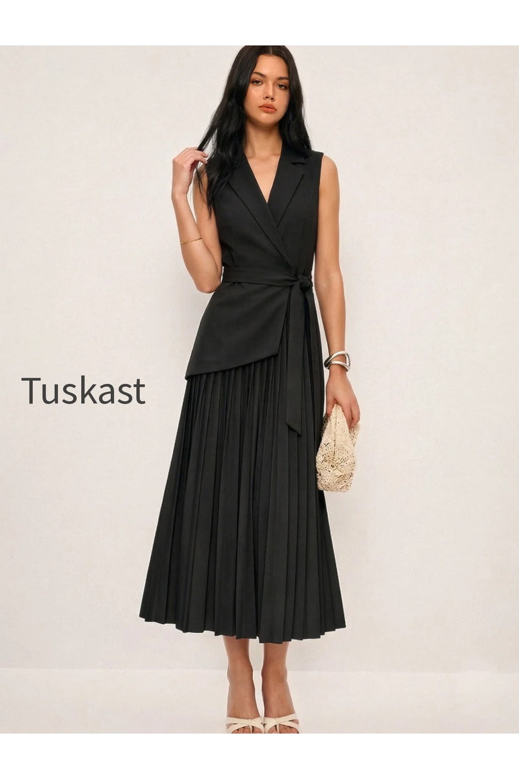 Sleeveless Belted Pleated Blazer Dress