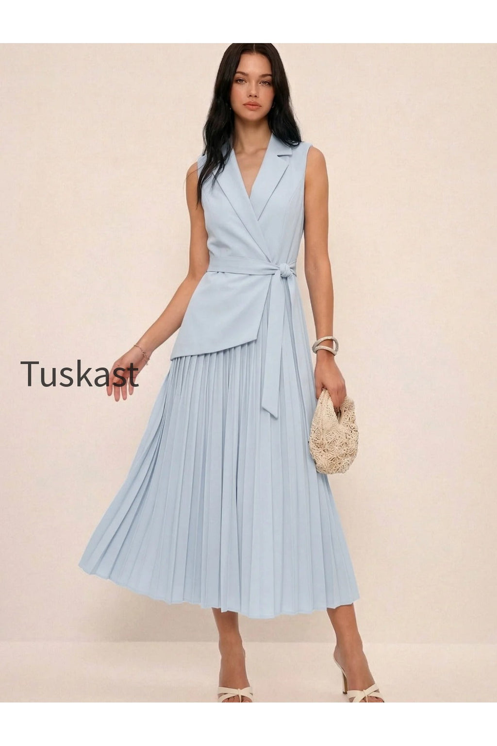 Sleeveless Belted Pleated Blazer Dress